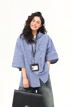 Loose Blue Plaid Hooded Short-Sleeve Shirt for Women - Versatile Summer Literary College Style