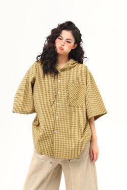 Loose Blue Plaid Hooded Short-Sleeve Shirt for Women - Versatile Summer Literary College Style