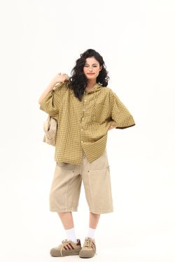 Loose Blue Plaid Hooded Short-Sleeve Shirt for Women - Versatile Summer Literary College Style