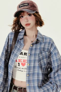 Loose Blue Plaid Shirt Jacket for Women - American College Style, Autumn Collection, Age-Reducing Casual Top