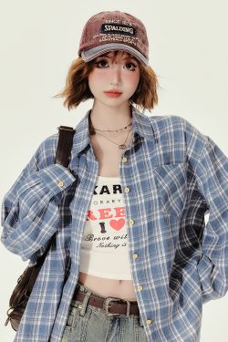 Loose Blue Plaid Shirt Jacket for Women - American College Style, Autumn Collection, Age-Reducing Casual Top