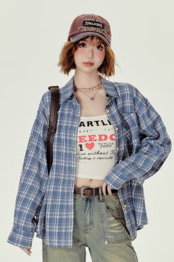 Loose Blue Plaid Shirt Jacket for Women - American College Style, Autumn Collection, Age-Reducing Casual Top