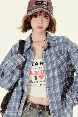 Loose Blue Plaid Shirt Jacket for Women - American College Style, Autumn Collection, Age-Reducing Casual Top