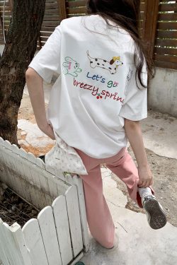 Loose Cartoon Embroidery Short Sleeve T-Shirt for Women - Summer 2025 Pure Cotton Round Neck Top, Casual Y2K Style