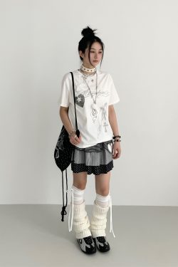 Loose Casual Black and White Short Sleeve T-Shirt with Text Print - Round Neck, Trendy Street Style, Everyday Essential