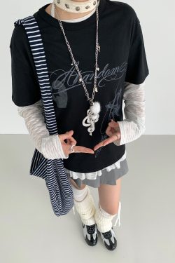 Loose Casual Black and White Short Sleeve T-Shirt with Text Print - Round Neck, Trendy Street Style, Everyday Essential