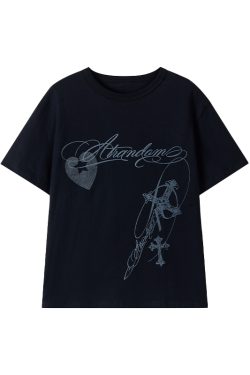 Loose Casual Black and White Short Sleeve T-Shirt with Text Print - Round Neck, Trendy Street Style, Everyday Essential