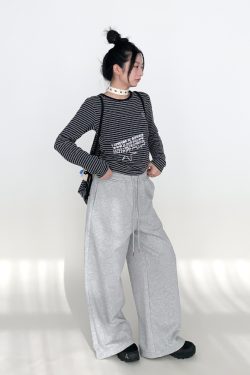 Loose Casual Wide-Leg Terry Sweatpants with Drawstring Elastic Waist – Solid Color Autumn Winter Fashion Pants