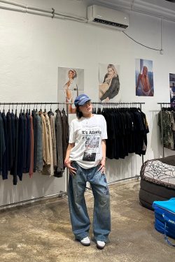 Loose Denim Pants with Heavy-Duty Graffiti Print, Light Clay Dye, High-End Style, Y2K Fashion, Trendy Streetwear, Second Batch Design