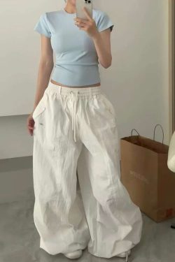 Loose-Fit Elastic Waist Parachute Cargo Pants for Women - Wide-Leg, Wrinkled, Floor-Length, Casual Sports Style