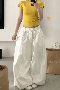 Loose-Fit Elastic Waist Parachute Cargo Pants for Women - Wide-Leg, Wrinkled, Floor-Length, Casual Sports Style
