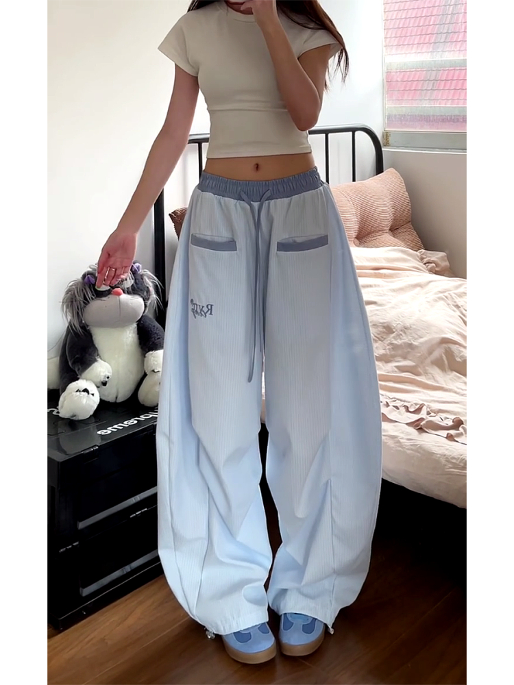 Loose Fit Striped Curved Knife Work Pants for Women - Versatile Wide-Leg Jazz Dance Casual Trousers in American Street Style Loose Fit Striped Curved Knife Work Pants for Women - Versatile Wide-Leg Jazz Dance Casual Trousers in American Street Style