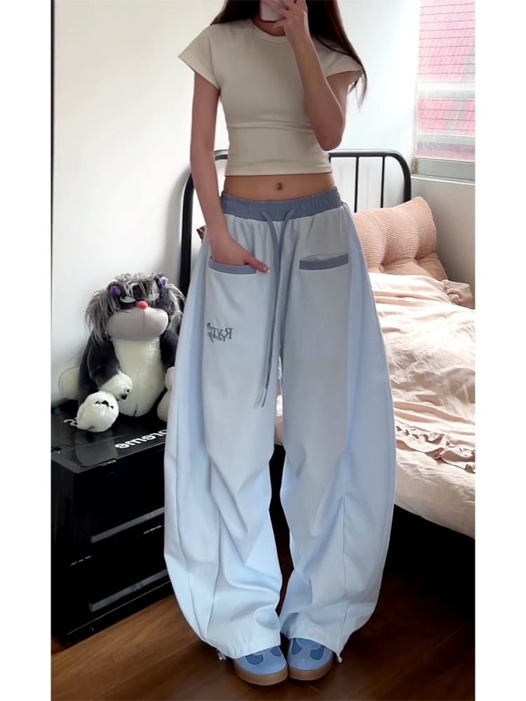 Loose Fit Striped Curved Knife Work Pants for Women - Versatile Wide-Leg Jazz Dance Casual Trousers in American Street Style Loose Fit Striped Curved Knife Work Pants for Women - Versatile Wide-Leg Jazz Dance Casual Trousers in American Street Style