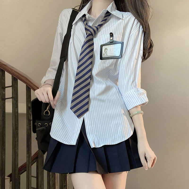Loose Fit Striped Shirt with Tie | JK Uniform School Style Summer Blue Top for Women Loose Fit Striped Shirt with Tie | JK Uniform School Style Summer Blue Top for Women