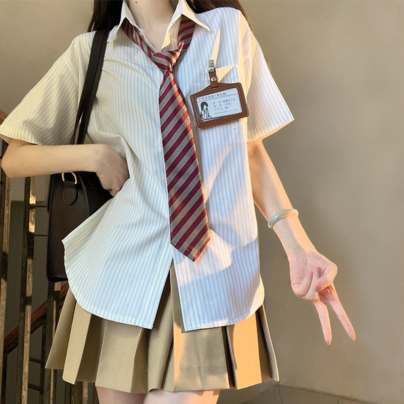 Loose Fit Striped Shirt with Tie | JK Uniform School Style Summer Blue Top for Women Loose Fit Striped Shirt with Tie | JK Uniform School Style Summer Blue Top for Women