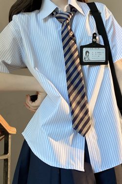 Loose Fit Striped Shirt with Tie | JK Uniform School Style Summer Blue Top for Women