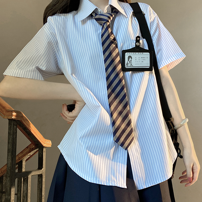 Loose Fit Striped Shirt with Tie | JK Uniform School Style Summer Blue Top for Women Loose Fit Striped Shirt with Tie | JK Uniform School Style Summer Blue Top for Women