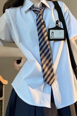 Loose Fit Striped Shirt with Tie | JK Uniform School Style Summer Blue Top for Women