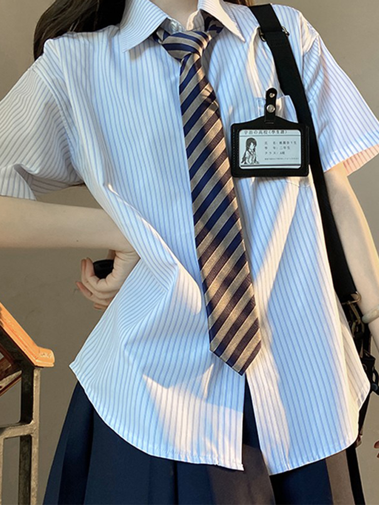 Loose Fit Striped Shirt with Tie | JK Uniform School Style Summer Blue Top for Women Loose Fit Striped Shirt with Tie | JK Uniform School Style Summer Blue Top for Women