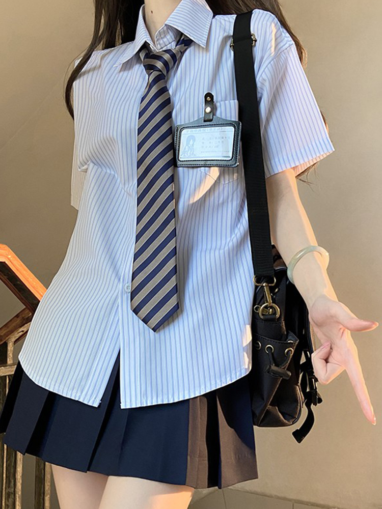Loose Fit Striped Shirt with Tie | JK Uniform School Style Summer Blue Top for Women Loose Fit Striped Shirt with Tie | JK Uniform School Style Summer Blue Top for Women