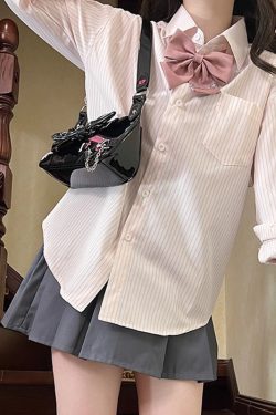 Loose Fit Striped Shirt with Tie | JK Uniform School Style Summer Blue Top for Women