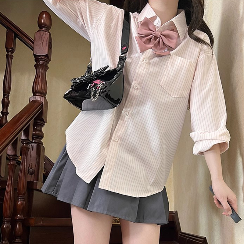 Loose Fit Striped Shirt with Tie | JK Uniform School Style Summer Blue Top for Women Loose Fit Striped Shirt with Tie | JK Uniform School Style Summer Blue Top for Women