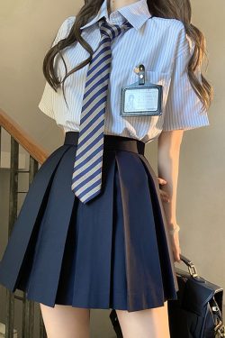 Loose Fit Striped Shirt with Tie | JK Uniform School Style Summer Blue Top for Women