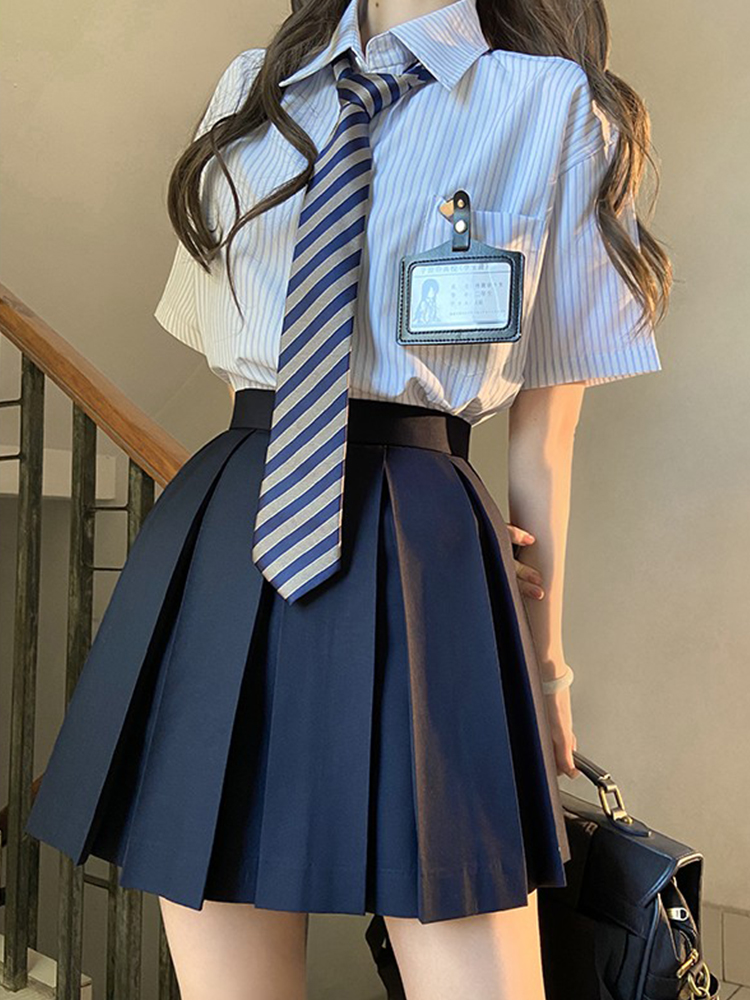 Loose Fit Striped Shirt with Tie | JK Uniform School Style Summer Blue Top for Women Loose Fit Striped Shirt with Tie | JK Uniform School Style Summer Blue Top for Women
