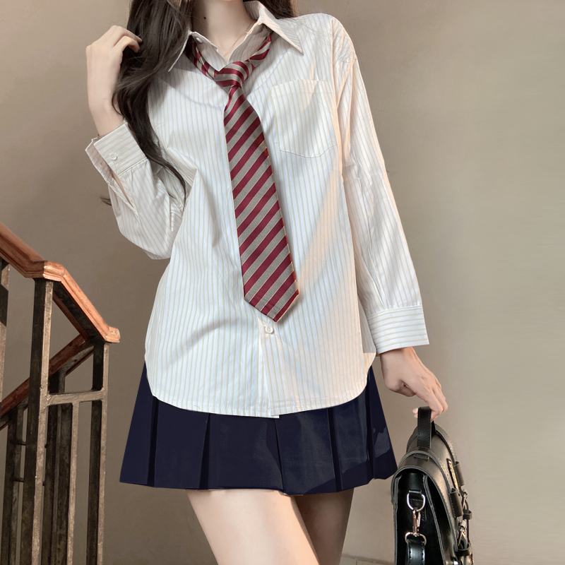 Loose Fit Striped Shirt with Tie | JK Uniform School Style Summer Blue Top for Women Loose Fit Striped Shirt with Tie | JK Uniform School Style Summer Blue Top for Women