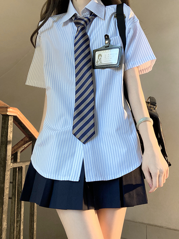 Loose Fit Striped Shirt with Tie | JK Uniform School Style Summer Blue Top for Women Loose Fit Striped Shirt with Tie | JK Uniform School Style Summer Blue Top for Women
