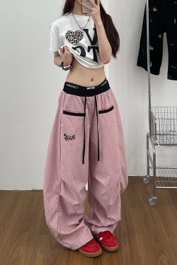 Loose Fit Vintage Plaid Work Pants for Women - Draped Wide-Leg Sports Casual Curved Design with Drawstring Elastic Waist