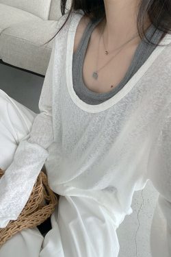 Loose Fit Wide Neckline Long Sleeve T-Shirt Cover-Up in Sun Grapefruit Coral - Relaxed Two-Piece Style for Effortless Y2K Fashion