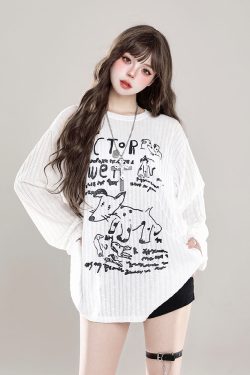 Loose Long Sleeve T-Shirt for Women - Cartoon Graffiti Design, Lightweight Summer Cover-Up, American Lazy Style, Sun Protection Outerwear