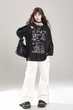 Loose Long Sleeve T-Shirt for Women - Cartoon Graffiti Design, Lightweight Summer Cover-Up, American Lazy Style, Sun Protection Outerwear