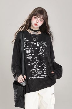 Loose Long Sleeve T-Shirt for Women - Cartoon Graffiti Design, Lightweight Summer Cover-Up, American Lazy Style, Sun Protection Outerwear