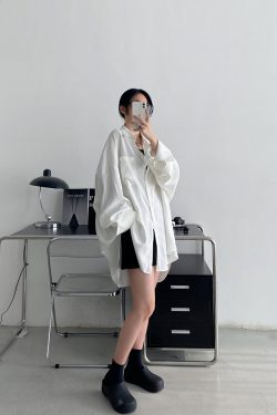 Loose Long Sleeve White Shirt for Women - Unique Sun Grapefruit Design, French Style, Perfect for Spring and Autumn Outerwear