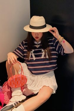 Loose Plus Size Bow Tie Striped T-Shirt for Women - Short Sleeve 2025 Spring Summer Fashion Top