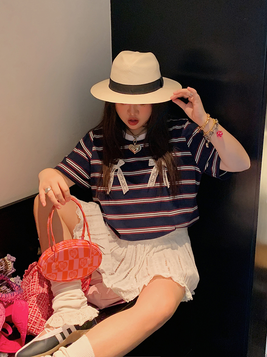 Loose Plus Size Bow Tie Striped T-Shirt for Women - Short Sleeve 2025 Spring Summer Fashion Top Loose Plus Size Bow Tie Striped T-Shirt for Women - Short Sleeve 2025 Spring Summer Fashion Top