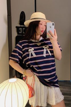 Loose Plus Size Bow Tie Striped T-Shirt for Women - Short Sleeve 2025 Spring Summer Fashion Top