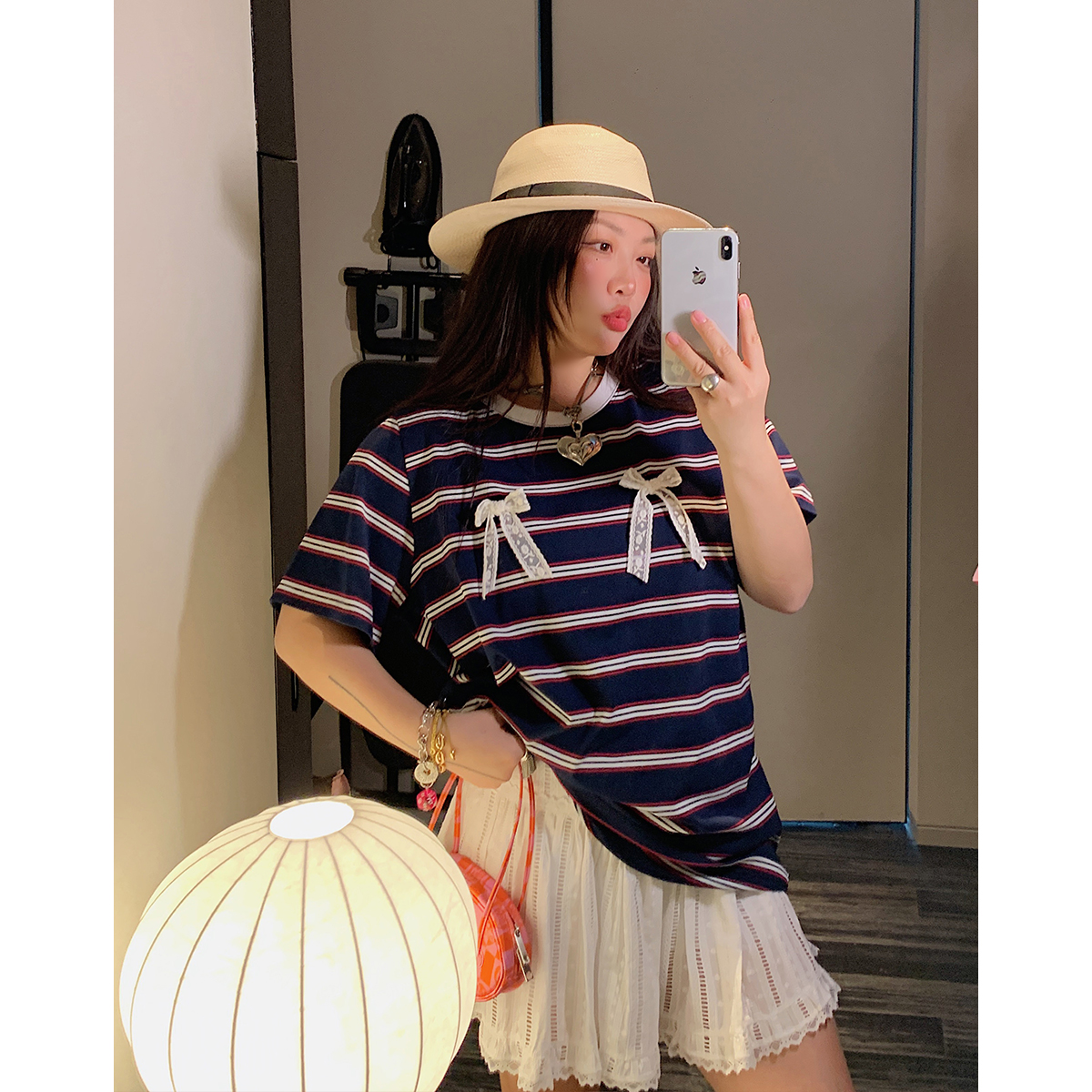 Loose Plus Size Bow Tie Striped T-Shirt for Women - Short Sleeve 2025 Spring Summer Fashion Top Loose Plus Size Bow Tie Striped T-Shirt for Women - Short Sleeve 2025 Spring Summer Fashion Top