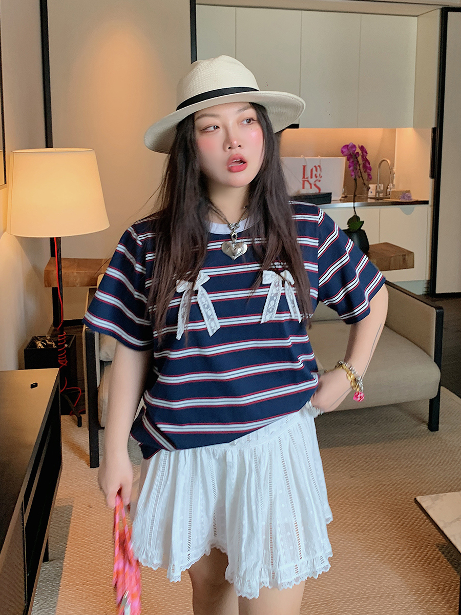 Loose Plus Size Bow Tie Striped T-Shirt for Women - Short Sleeve 2025 Spring Summer Fashion Top Loose Plus Size Bow Tie Striped T-Shirt for Women - Short Sleeve 2025 Spring Summer Fashion Top