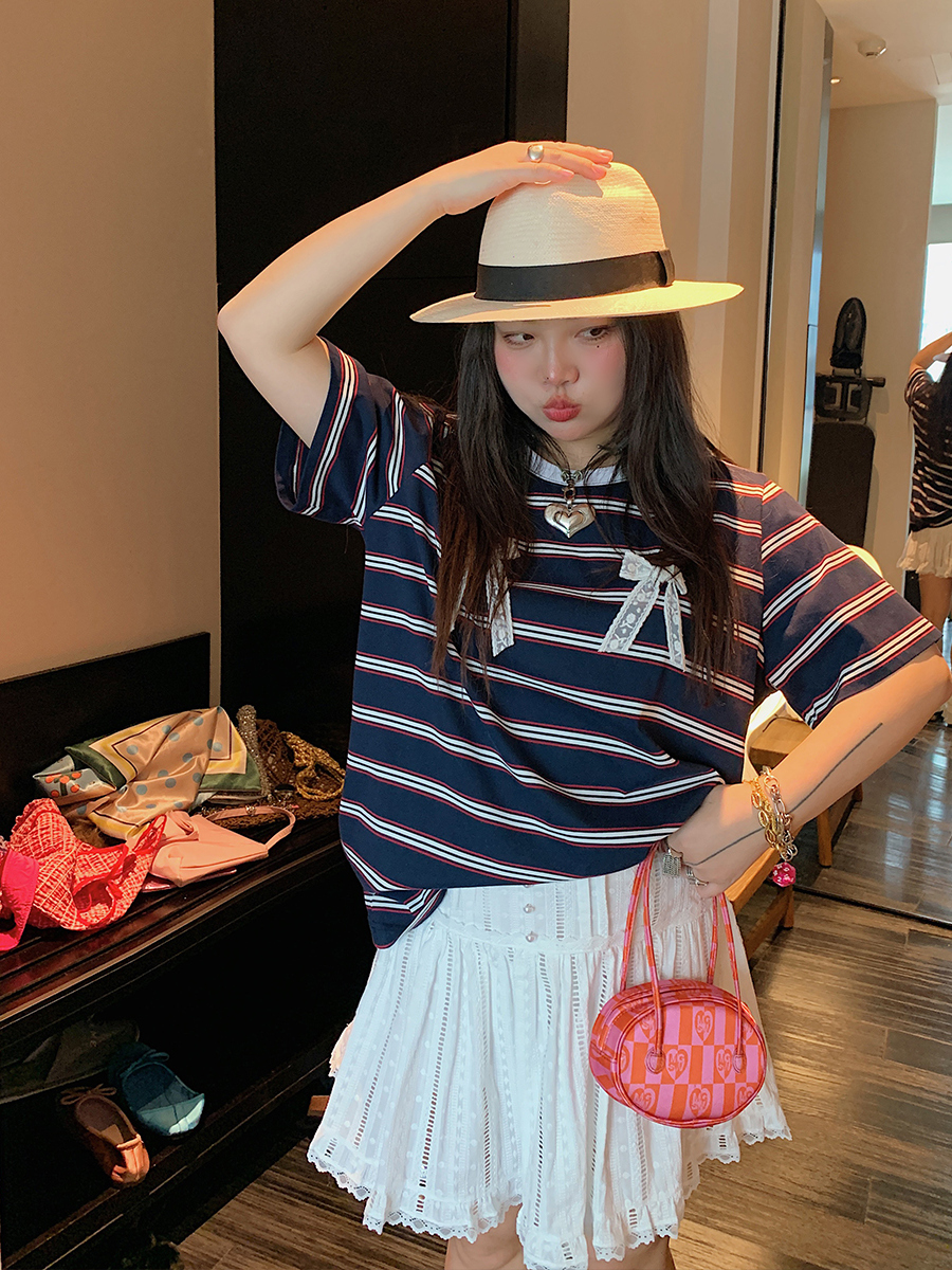 Loose Plus Size Bow Tie Striped T-Shirt for Women - Short Sleeve 2025 Spring Summer Fashion Top Loose Plus Size Bow Tie Striped T-Shirt for Women - Short Sleeve 2025 Spring Summer Fashion Top