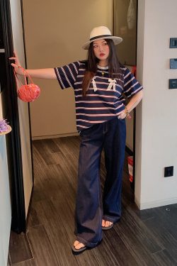 Loose Plus Size Bow Tie Striped T-Shirt for Women - Short Sleeve 2025 Spring Summer Fashion Top