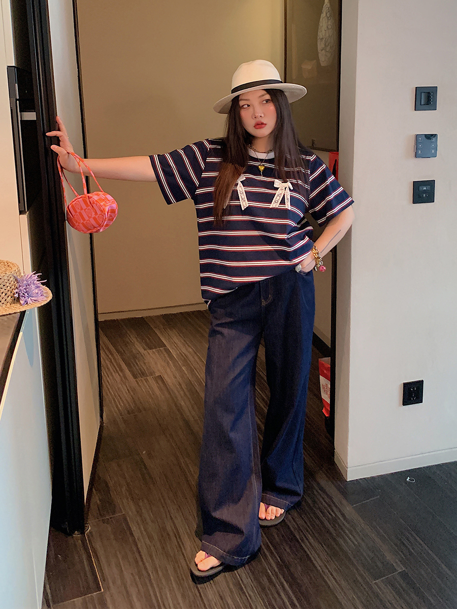 Loose Plus Size Bow Tie Striped T-Shirt for Women - Short Sleeve 2025 Spring Summer Fashion Top Loose Plus Size Bow Tie Striped T-Shirt for Women - Short Sleeve 2025 Spring Summer Fashion Top