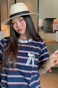 Loose Plus Size Bow Tie Striped T-Shirt for Women - Short Sleeve 2025 Spring Summer Fashion Top