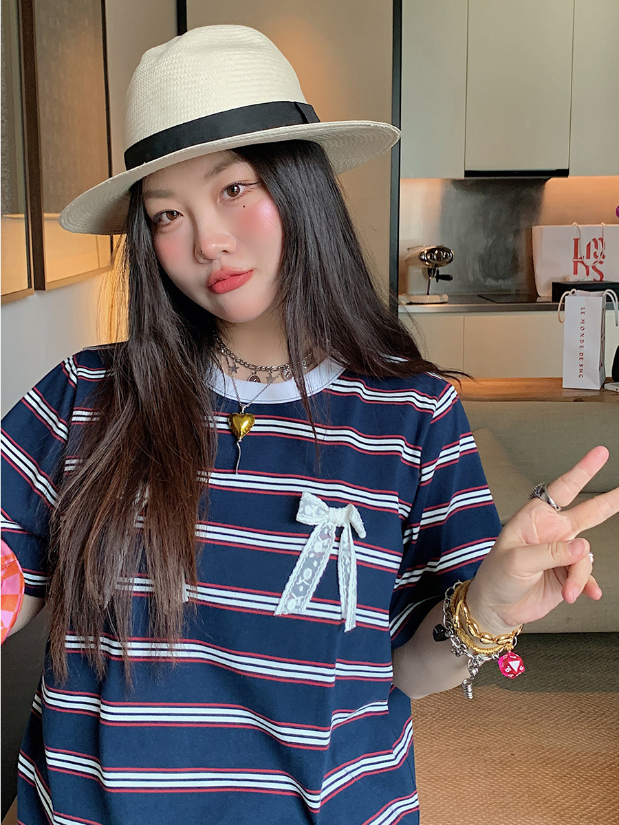 Loose Plus Size Bow Tie Striped T-Shirt for Women - Short Sleeve 2025 Spring Summer Fashion Top Loose Plus Size Bow Tie Striped T-Shirt for Women - Short Sleeve 2025 Spring Summer Fashion Top