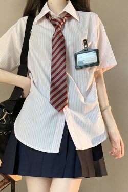 Loose Short Sleeve Blue Striped Shirt Top for Women - Pudding Bear Inspired JK Style Summer Fashion 2024