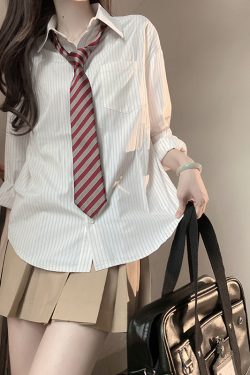 Loose Short Sleeve Blue Striped Shirt Top for Women - Pudding Bear Inspired JK Style Summer Fashion 2024