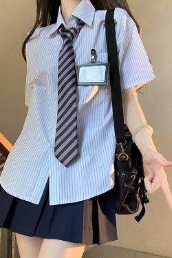 Loose Short Sleeve Blue Striped Shirt Top for Women - Pudding Bear Inspired JK Style Summer Fashion 2024