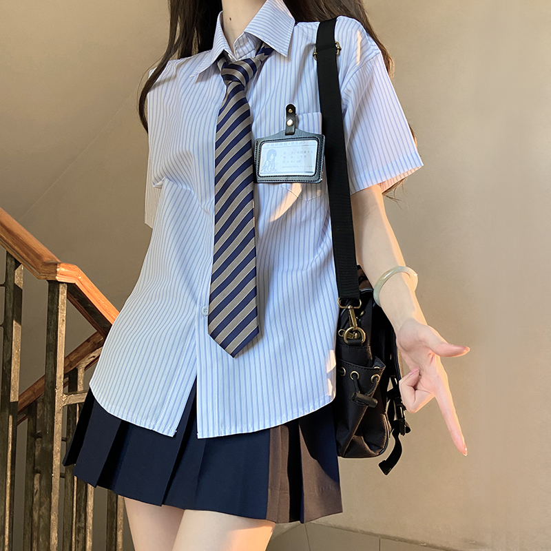 Loose Short Sleeve Blue Striped Shirt Top for Women - Pudding Bear Inspired JK Style Summer Fashion 2024 Loose Short Sleeve Blue Striped Shirt Top for Women - Pudding Bear Inspired JK Style Summer Fashion 2024